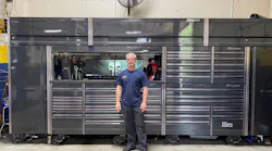 The 17’ wide by 8’ tall tool storage setup features a power bank, LEDs in the workstation and both side lockers, and Harris’ personal favorite feature, keyless entry.