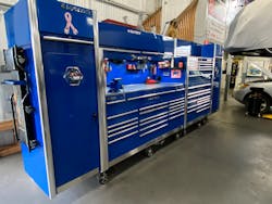 The 17” long by 7” tall structure consists of three toolboxes, a hutch, two side lockers, and three top lockers, as well as two custom-made boxes to fill the dead space above his side lockers. The 17” long by 7” tall structure consists of three toolboxes, a hutch, two side lockers, and three top lockers, as well as two custom-made boxes to fill the dead space above his side lockers.