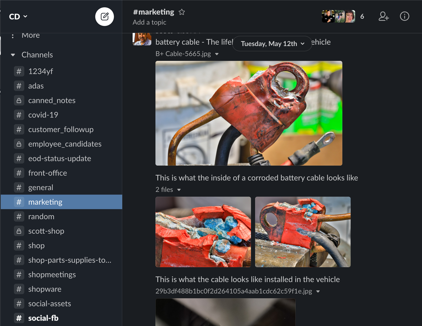 With all the pictures, video, and vehicle data available, shops can use social platforms and internal communication applications like Slack (pictured) to create marketing 'stories.'