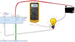 Figure 2- This substitute load (light bulb) voltage-drop test allows one to stress the circuit to see if it's capable of supporting the intended function (operating the RPSD system). Figure 2- This substitute load (light bulb) voltage-drop test allows one to stress the circuit to see if it's capable of supporting the intended function (operating the RPSD system).