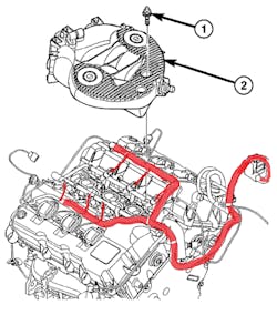 Figure 7 - The previous captures served as stepping stones for justified removal of the upper intake plenum. This was necessary to access the suspected shorted injector circuits located beneath it (in RED).