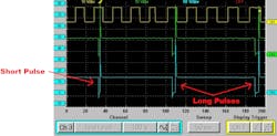 Figure 6- The cause of the symptom is apparent in this capture. With no change in load/rpm, there is a significant reduction in injector pulse width (on-time). This indicates why the previous ignition analysis indicates a lean air/fuel ratio. Figure 6- The cause of the symptom is apparent in this capture. With no change in load/rpm, there is a significant reduction in injector pulse width (on-time). This indicates why the previous ignition analysis indicates a lean air/fuel ratio.