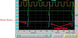 Figure 6- The cause of the symptom is apparent in this capture. With no change in load/rpm, there is a significant reduction in injector pulse width (on-time). This indicates why the previous ignition analysis indicates a lean air/fuel ratio.