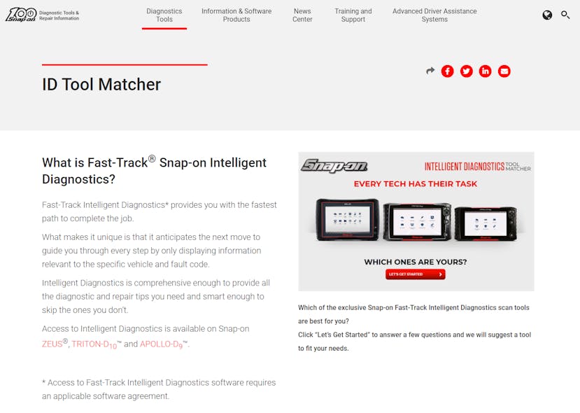 Snapon updates FastTrack Intelligent Diagnostics tool matcher website