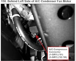 Figure 4 — This is the location of the A/C compressor on this 2003 Honda Civic. Connecting to the circuit for testing with a DVOM can be challenging and time-consuming. Figure 4 — This is the location of the A/C compressor on this 2003 Honda Civic. Connecting to the circuit for testing with a DVOM can be challenging and time-consuming.