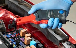 Figure 5 — This set-up of the current probe and lab scope is demonstrating a much easier way of testing and in a much more efficient and accessible fashion. Figure 5 — This set-up of the current probe and lab scope is demonstrating a much easier way of testing and in a much more efficient and accessible fashion.