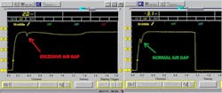 Figure 6 — This capture is a comparison of both a normally gapped A/C compressor clutch and one with an excessive gap. It's clear to see the pintle bump is very delayed in the waveform derived from the excessively gapped compressor clutch. Figure 6 — This capture is a comparison of both a normally gapped A/C compressor clutch and one with an excessive gap. It's clear to see the pintle bump is very delayed in the waveform derived from the excessively gapped compressor clutch.