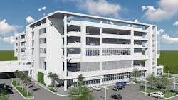 To meet the need for a convenient collision center and additional inventory storage, a surface parking lot between the two dealerships was replaced with a new six-story parking garage. The ground floor is dedicated to the 70,000-square-foot Holman Collision Pembroke Pines center.