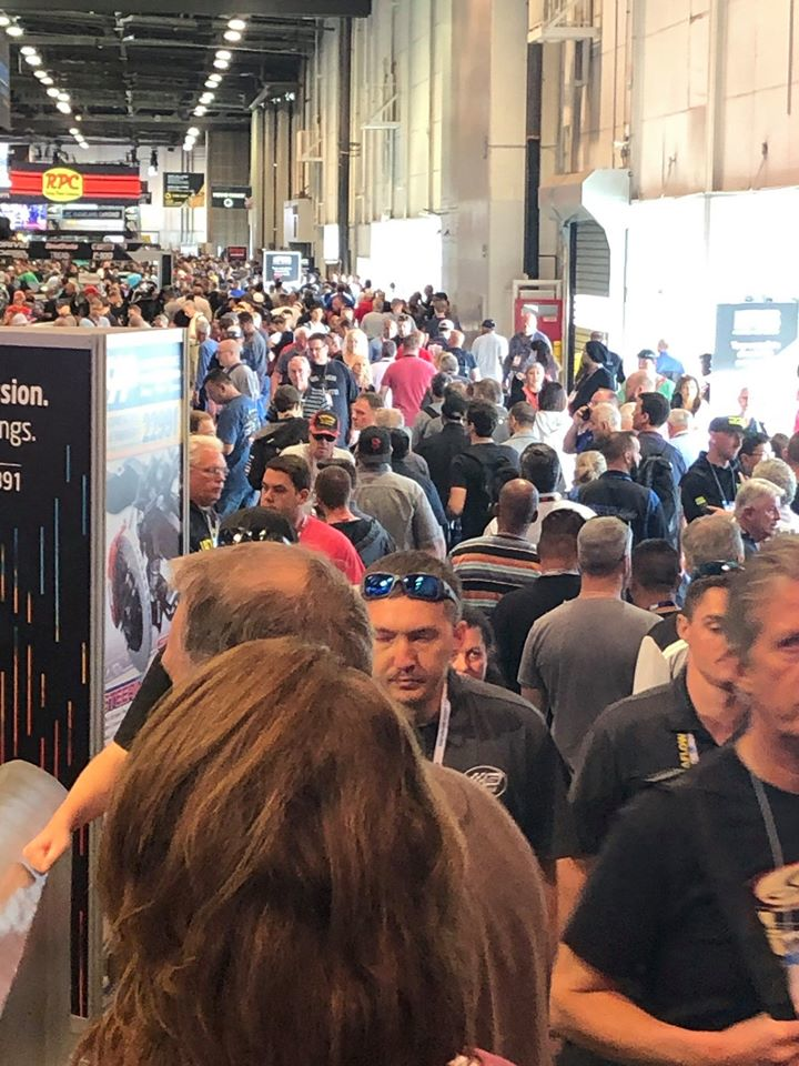 A large crowd wades through the SEMA Show in 2019.