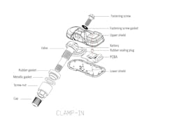 Figure 2: The drawing shows what's inside the Autel Sensor-1 TPMS sensor. The clamp-in, metal valve steam is held in the sensor with a fastening screw. Inside the upper/lower shields are the battery and printed circuit board assembly (PCBA). TPMS sensors cannot be dissembled as they are encased in epoxy to protect them from moisture, corrosion, and vibration. Figure 2: The drawing shows what's inside the Autel Sensor-1 TPMS sensor. The clamp-in, metal valve steam is held in the sensor with a fastening screw. Inside the upper/lower shields are the battery and printed circuit board assembly (PCBA). TPMS sensors cannot be dissembled as they are encased in epoxy to protect them from moisture, corrosion, and vibration.