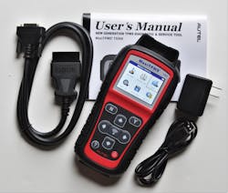 Figure 9: The Autel MaxiTPMS TS508 diagnostic tool comes with a USB cable/charger and OBD-II Cable. It can read ECU sensor ID, check sensor and ECU ID matching and read/erase TPMS DTCs. The tool can program sensors by a copy by activation, copy by manual input, auto-create up to 16 sensors at one time, and copy by OBD. Figure 9: The Autel MaxiTPMS TS508 diagnostic tool comes with a USB cable/charger and OBD-II Cable. It can read ECU sensor ID, check sensor and ECU ID matching and read/erase TPMS DTCs. The tool can program sensors by a copy by activation, copy by manual input, auto-create up to 16 sensors at one time, and copy by OBD.