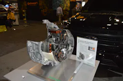 By integrating the electric motor with the torque converter, Schaeffler’s P2 Hybrid Module, shown here at Schaeffler's AAPEX booth, is so compact that it can fit a variety of vehicle platforms.