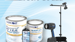 Evercoat&apos;s Light Speed system includes the Optex Premium Body Filler with dual-cure, color-changing technology, the Light Speed LED Cure 440 Express Micro-Pinhole Eliminator, and Light Speed LED Cure High-Build Primer, a hybrid polyester primer surfacer.