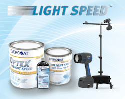 Evercoat&apos;s Light Speed system includes the Optex Premium Body Filler with dual-cure, color-changing technology, the Light Speed LED Cure 440 Express Micro-Pinhole Eliminator, and Light Speed LED Cure High-Build Primer, a hybrid polyester primer surfacer.