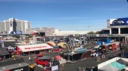An overview of some of the outdoor booths at SEMA.