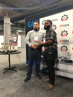 Anthony Williams (left) of Advance Auto Parts presents the Best Young Tech Award to Chris Taylor (right), fleet technician at Polk County. Anthony Williams (left) of Advance Auto Parts presents the Best Young Tech Award to Chris Taylor (right), fleet technician at Polk County.