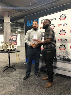 Anthony Williams (left) of Advance Auto Parts presents the Best Young Tech Award to Chris Taylor (right), fleet technician at Polk County.