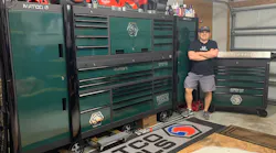 Andrew Kay, automotive technician, stands in front of his Matco Tools toolbox