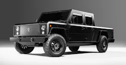 The Bollinger B1 pickup truck delivers 614 horsepower with 668 lb-ft. of torque. Under a light load driving range is around 200 miles. The Bollinger B1 pickup truck delivers 614 horsepower with 668 lb-ft. of torque. Under a light load driving range is around 200 miles.