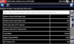 Fig. 3: Looking at freeze frame data can offer clues, such as the vehicle has been driven 164 miles since the last failure. The engine was at 2,500 rpm (not idling) and the engine was at operating temperature, based on the coolant temperature reading Fig. 3: Looking at freeze frame data can offer clues, such as the vehicle has been driven 164 miles since the last failure. The engine was at 2,500 rpm (not idling) and the engine was at operating temperature, based on the coolant temperature reading
