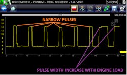 Fig. 6: Setting my scope on the 20-volt scale and a sweep of fifty milliseconds, I was able to capture a fairly uniform waveform. Fig. 6: Setting my scope on the 20-volt scale and a sweep of fifty milliseconds, I was able to capture a fairly uniform waveform.