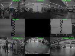 A view of the output from all 8 cameras when the front camera pitch calibration operation is being performed.