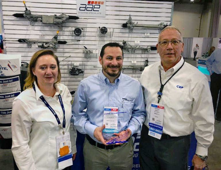 CRP Automotive Channel Sales Manager Nicole Ryan and U.S &amp; Canada Sales Director Warren Morley (right) presented Matt Zarlenga with the 2021 U.S. Sales Representative of the Year Award.