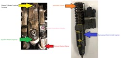 Figure 2: The camshaft-driven rocker arms (left) are visible for a single cylinder. The center rocker arm operates the MEUI injector (right). Figure 2: The camshaft-driven rocker arms (left) are visible for a single cylinder. The center rocker arm operates the MEUI injector (right).
