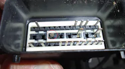 Figure 5: While diagnosing an illuminated ABS malfunction indicator lamp on a Ford F150, I referenced the wire diagram, and checked all easily accessible inline connectors. I found a pin push-through condition at pin 16. This visual inspection saved me a lot of time.