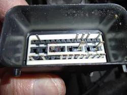 Figure 5: While diagnosing an illuminated ABS malfunction indicator lamp on a Ford F150, I referenced the wire diagram, and checked all easily accessible inline connectors. I found a pin push-through condition at pin 16. This visual inspection saved me a lot of time. Figure 5: While diagnosing an illuminated ABS malfunction indicator lamp on a Ford F150, I referenced the wire diagram, and checked all easily accessible inline connectors. I found a pin push-through condition at pin 16. This visual inspection saved me a lot of time.