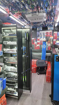 A storage feature that stands out on Teitler’s truck are his vertical, slide-out “closets” to house his sockets and pry bars. A storage feature that stands out on Teitler’s truck are his vertical, slide-out “closets” to house his sockets and pry bars.