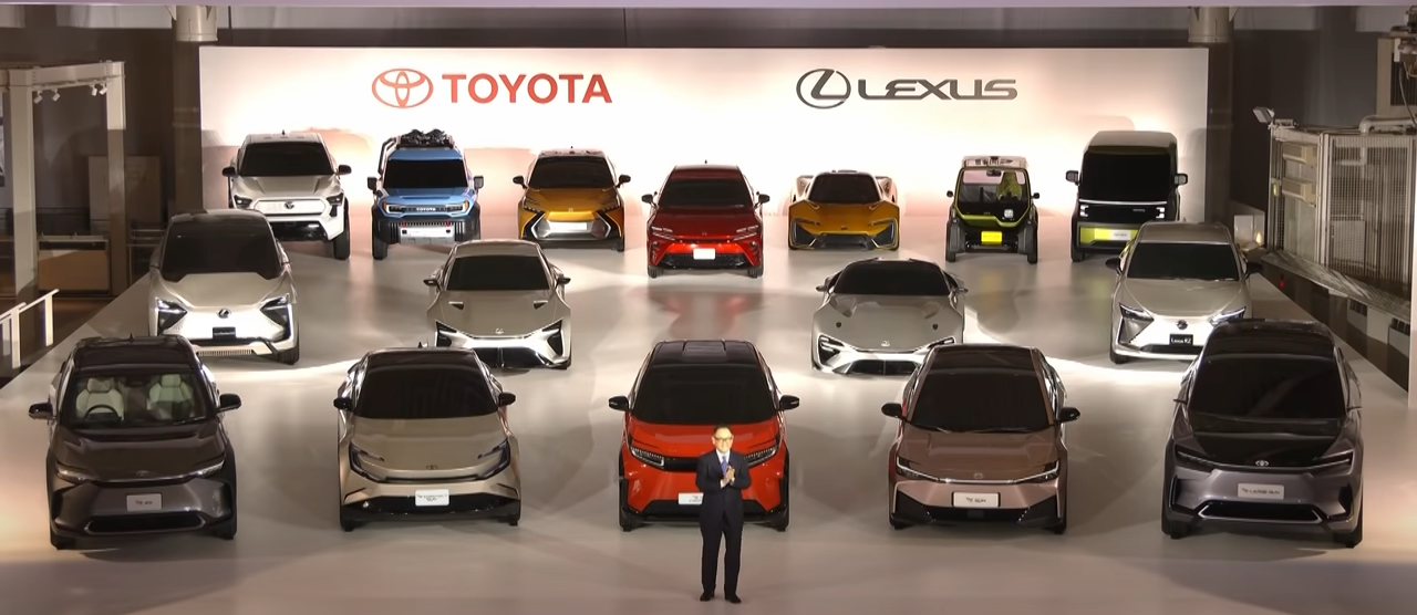 Akio Toyoda, president of Toyota, announces their battery EV lineup.