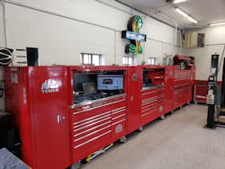 This setup isn't finished yet! Muir still has a triple bank toolbox and triple bank hutch on the way. This setup isn't finished yet! Muir still has a triple bank toolbox and triple bank hutch on the way.
