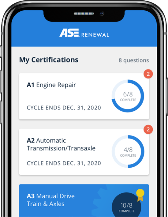 ASE renewal app for certifications screenshot