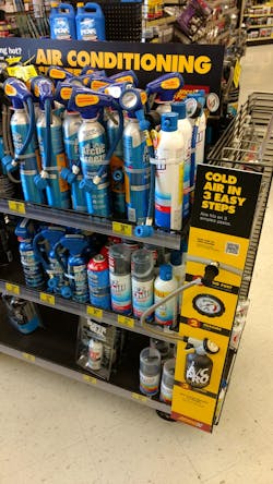 Figure 7: Store displays like this with small cans of R-134a are on the way out in Washington State, which banned their sale in 2021. Small cans of yf however, are still allowed. Credit: Steve Schaeber