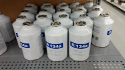 Figure 8: Consumers can’t buy 30-lb cylinders of refrigerant (without a MACS 609 card), but they can buy each one of these small cans without one. Credit: Steve Schaeber Figure 8: Consumers can’t buy 30-lb cylinders of refrigerant (without a MACS 609 card), but they can buy each one of these small cans without one. Credit: Steve Schaeber