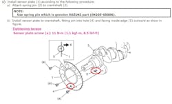 Figure 10: Proper orientation of the CKP sensor trigger wheel is dependent upon the dowel as a reference point. The trigger wheel was improperly installed. Figure 10: Proper orientation of the CKP sensor trigger wheel is dependent upon the dowel as a reference point. The trigger wheel was improperly installed.