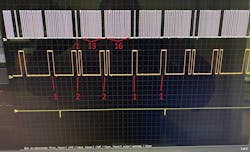 Figure 4: This known-good CKP/CMP correlation capture demonstrates how the signals should relate to one another. This will be used for comparison against the same capture obtained from this engine. Figure 4: This known-good CKP/CMP correlation capture demonstrates how the signals should relate to one another. This will be used for comparison against the same capture obtained from this engine.