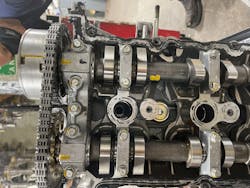 Figure 7: The camshaft timing mark was also referenced properly. This engine was indeed assembled correctly. Figure 7: The camshaft timing mark was also referenced properly. This engine was indeed assembled correctly.