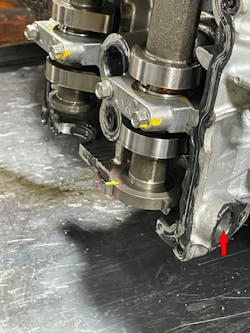 Figure 9: The CMP sensor reluctor tooth was referenced and (as indicated by the red arrow) the tooth is about 90 camshaft-degrees offset. The correlation of the timing signals is crucial to system operation, and this fault is the reason the PCM will not command the coils to trigger. Figure 9: The CMP sensor reluctor tooth was referenced and (as indicated by the red arrow) the tooth is about 90 camshaft-degrees offset. The correlation of the timing signals is crucial to system operation, and this fault is the reason the PCM will not command the coils to trigger.