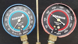 Figure 6 - Manifold gauge readings with a restriction at the evaporator core. The blockage could be caused by a clogged evaporator or a stuck closed thermostatic expansion valve. Ambient temperature 82 degrees F. Figure 6 - Manifold gauge readings with a restriction at the evaporator core. The blockage could be caused by a clogged evaporator or a stuck closed thermostatic expansion valve. Ambient temperature 82 degrees F.