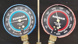 Figure 9: Manifold gauge readings with a restriction at the suction side between the evaporator core and the low side service port. Ambient temperature 82 degrees F.