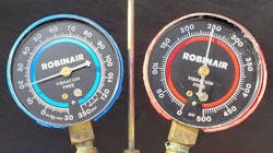 Figure 10 - Manifold gauge readings with an external restriction at the condenser. Ambient temperature 82 degrees F. Figure 10 - Manifold gauge readings with an external restriction at the condenser. Ambient temperature 82 degrees F.