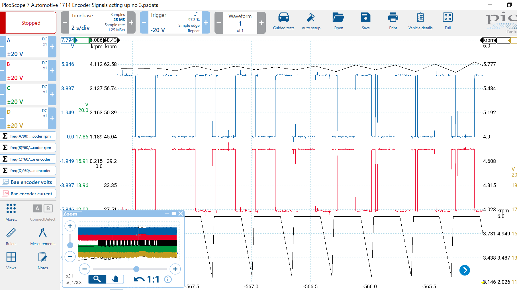 Figure 6- This zoomed-view of the scope capture displays the failure. As seen in the blue and red channels, the square-waves have an erratic toggling to ground. This is seen by the ECU as 'RPM' and is the cause of the symptom.