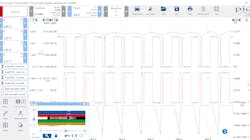 Figure 6- This zoomed-view of the scope capture displays the failure. As seen in the blue and red channels, the square-waves have an erratic toggling to ground. This is seen by the ECU as 'RPM' and is the cause of the symptom. Figure 6- This zoomed-view of the scope capture displays the failure. As seen in the blue and red channels, the square-waves have an erratic toggling to ground. This is seen by the ECU as 'RPM' and is the cause of the symptom.