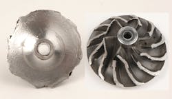 Figure 1- This compressor wheel (left) has an &ldquo;orange peel&rdquo; effect created by expansion and contraction cracks due to over-speeding. The wheel at right shows wheel rub where it met the compressor housing, also caused by over-speeding or lubrication problems.