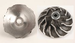 Figure 1- This compressor wheel (left) has an “orange peel” effect created by expansion and contraction cracks due to over-speeding. The wheel at right shows wheel rub where it met the compressor housing, also caused by over-speeding or lubrication problems. Figure 1- This compressor wheel (left) has an “orange peel” effect created by expansion and contraction cracks due to over-speeding. The wheel at right shows wheel rub where it met the compressor housing, also caused by over-speeding or lubrication problems.