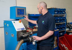 Figure 6-This turbine flow bench at Melett measures dynamic turbine mass airflow, pressure ratio measurement, and compressor airflow. It is used to program and calibrate electric actuator controllers for VNT turbochargers. Figure 6-This turbine flow bench at Melett measures dynamic turbine mass airflow, pressure ratio measurement, and compressor airflow. It is used to program and calibrate electric actuator controllers for VNT turbochargers.