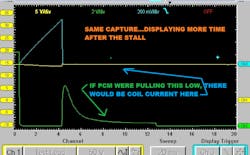 Figure 7 - The same scope capture is displayed but scrolled further within the scope's buffer, to display how the vehicle reacts after the stall presents. The scope's trigger function made light work of this elusive fault. Figure 7 - The same scope capture is displayed but scrolled further within the scope's buffer, to display how the vehicle reacts after the stall presents. The scope's trigger function made light work of this elusive fault.