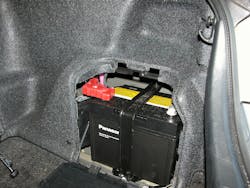 Figure 3- AGM batteries can be located inside a vehicle's passenger area due to their sealed construction, as shown on a 3rd generation Toyota Prius. Figure 3- AGM batteries can be located inside a vehicle's passenger area due to their sealed construction, as shown on a 3rd generation Toyota Prius.